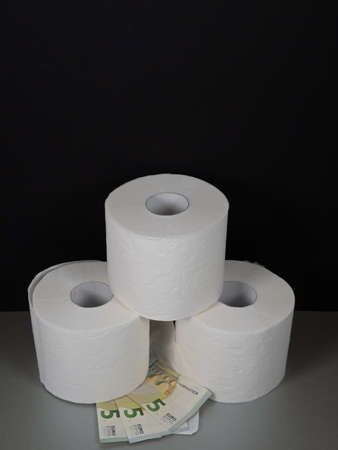 Three rolls of white toilet paper stacked atop each other and three five euro notesの写真素材