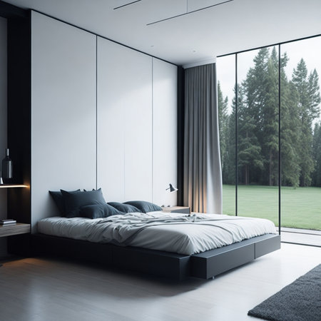 Corner of modern master bedroom with white walls, wooden floor, comfortable king size bed with gray blanket and round bedside table. 3d renderingの素材