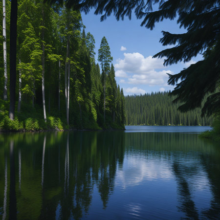 Beautiful landscape of mountain lake with forest and blue sky background.の素材