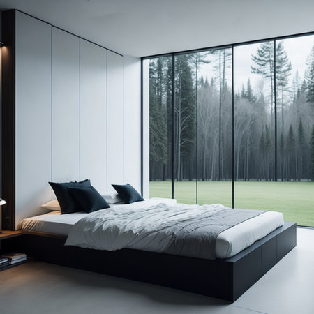 Corner of modern bedroom with white walls, concrete floor, comfortable king size bed with black and white pillows. 3d renderingの素材