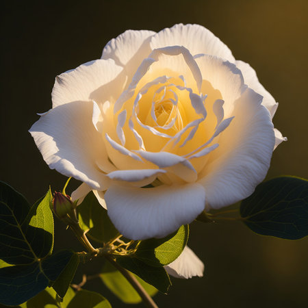 Beautiful white rose in the rays of the setting sun close upの素材