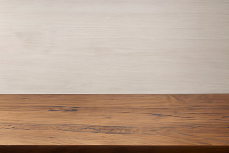Empty wooden table and blurred wall background, product display montage.の素材