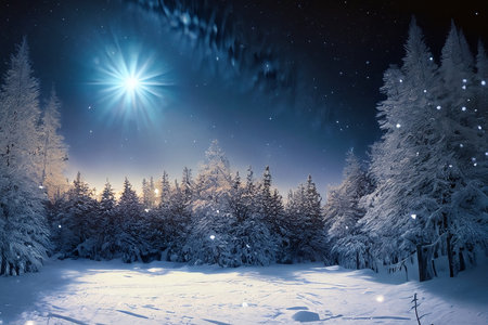 Fantastic winter landscape with snow covered trees and glowing stars.の素材