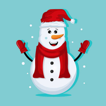 cheerful snowman in santa claus hat and red scarf with glovesのイラスト素材