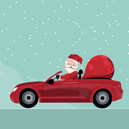 santa claus driving car with gift bagのイラスト素材