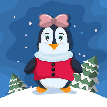penguin WOMAN with santa claus costume and red christmas hatのイラスト素材