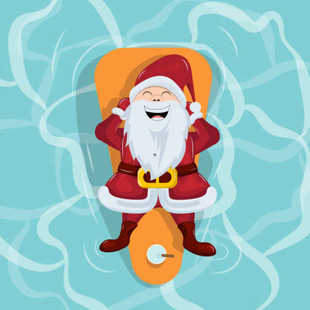 smiling santa claus sunbathing on surfboard, santa claus relaxing in summer lying in poolのイラスト素材