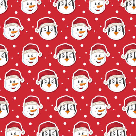 pattern with penguin face and snowman in red gift paperのイラスト素材