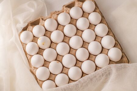 Farm white chicken delicious eggs in a large package