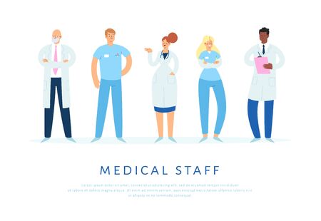 Set of various male and female medicine workers. Group of hospital medical specialists standing together: doctor, surgeon, physician, paramedic, nurse and other staff. Cartoon vector characters のイラスト素材