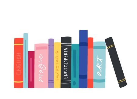 Cartoon reading set of hadrdrawn books. Vector illustration for reading lovers with open books, piles, colorful covers, in a stack, in a group, closed for web, library, store, study.のイラスト素材