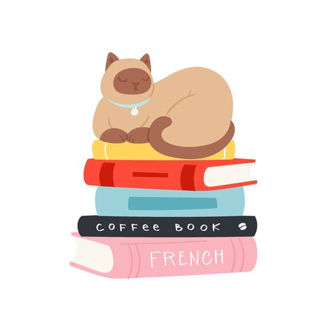Cartoon hand drawn cozy Illustration of books and cats with calligraphy text. Lettering  quotes and drawing object for read lovers on white background. Reading motivation for design, cards, posters.のイラスト素材
