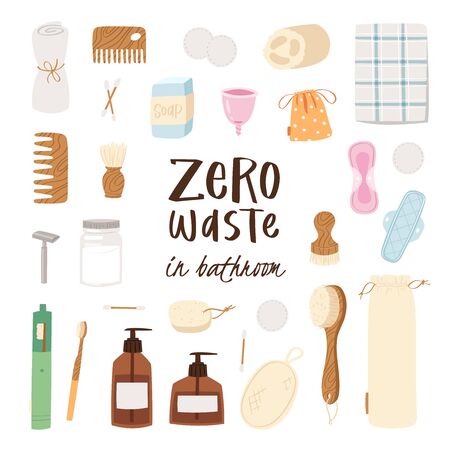 Big set of Zero Waste recycle and reusable products for bathroom - eco grocery bags, wooden objects, comb, toothbrush and brushes, menstrual cup and pads. Durable collection vector illustrationのイラスト素材