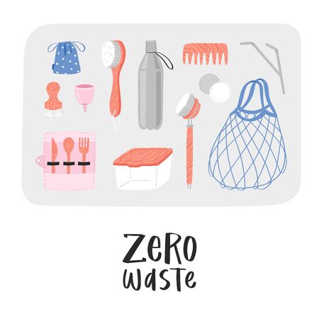 Set of Zero Waste recycle and reusable products with lettering quote. Go green, eco style, no plastic, save the planet objects for home, shopping and cosmetics. Durable vector postcard, print, cardのイラスト素材