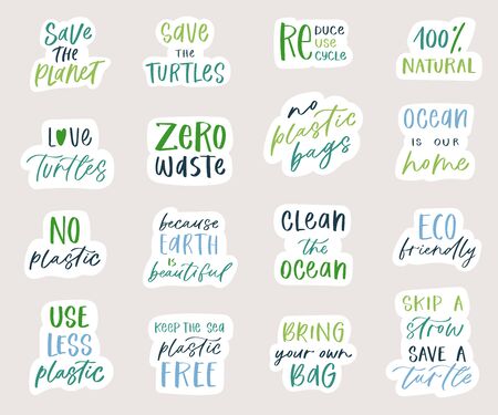 Set of hand lettering quotes about zero waste living. Save the Planet Earth  inscription graphic design typography stickers. Hand written postcard, print, card about eco friendly lifestyle conceptのイラスト素材