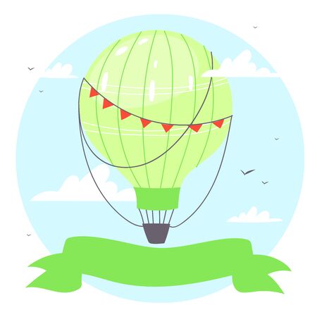 Colorful  air balloon or aerostat with basket with ribbon flying in sky with clouds. Vector illustration of traveling flying toy for poster, wallpapers, cardsのイラスト素材