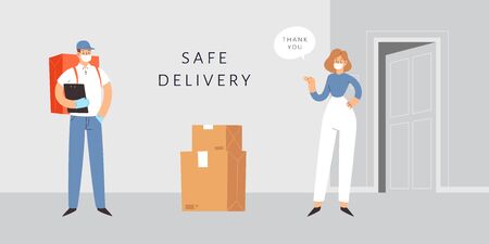 Safe Delivery Concept. Courier in medical mask and gloves delivers the package, parcel or food during quarantine. Contact free 24/7 delivery service with social distance during  Coronavirus.のイラスト素材
