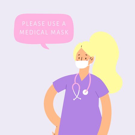 Female medicine worker with speech bubble,  coronavirus pandemic disease COVID-19 quarantine concept. Doctor in face mask informing about self protective measures, treatment and prevention. Stay homeのイラスト素材
