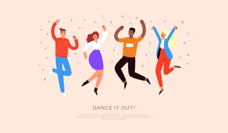 Set of young happy laughing people dancing with raised hands in various poses. Joyful positive men and women jumping, rejoicing together, happiness, freedom motion concept. Colored vector illustrationのイラスト素材