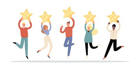 Happy people are holding 5 golden stars over the heads. Customer product or service  feedback, clients choices ratings and satisfaction review, user experience, assessment concept. Vector Illustrationのイラスト素材
