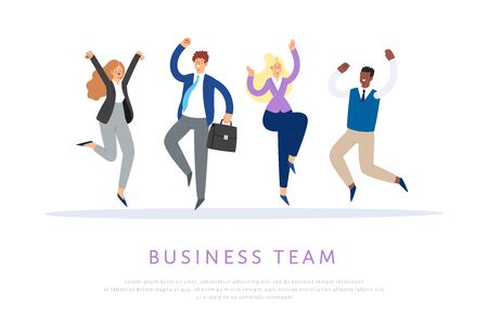 Set of business people jumping with raised hands in various poses. Happy office people cartoon characters. Office team, mix race collective workers, entrepreneurs. Success, winner, leadership conceptのイラスト素材