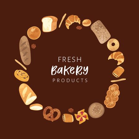 Set of different types, shapes and sizes of breads and homemade baked products: croissant, loaf, bun, baguette, toast, pretzel. Bakery goods set use for cooking books, restaurant menu, posters, labelsのイラスト素材