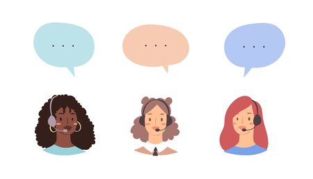 Cartoon avatar set of cute happy young women customer support phone operator with mix race nationality. Portrait of smiling girls, call center workers with headset and speech bubbles with web iconsのイラスト素材