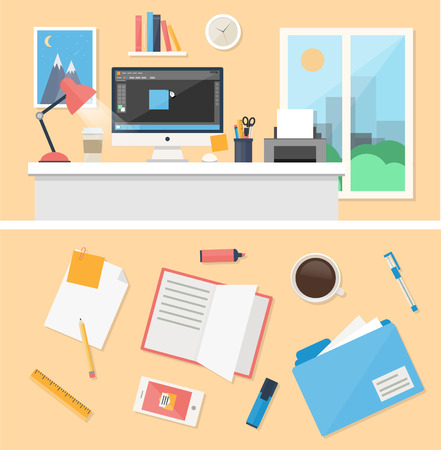 Office, workspace and workplace concepts for web, management, infographic, development, design. Flat design style modern vector illustration.のイラスト素材