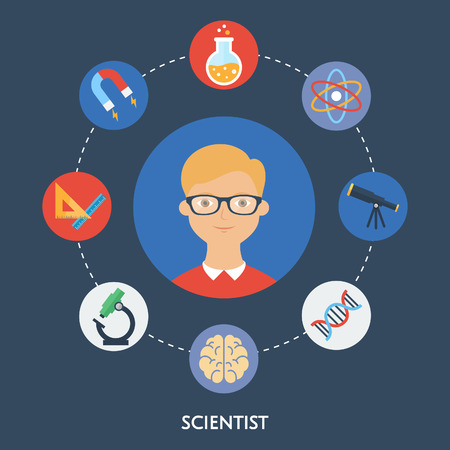Scientist, character illustration, icons. Vector flat styleのイラスト素材