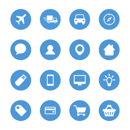 Set of icons, white silhouettes on the blue circles.