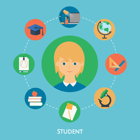 Student, vector character, education icons. Flat styleのイラスト素材