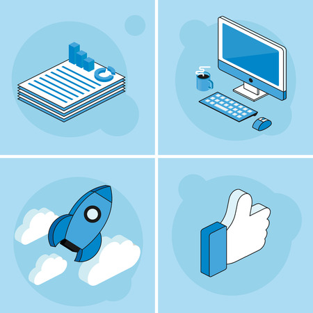 planning and analytics, web development, project launch, social media management illustrationのイラスト素材