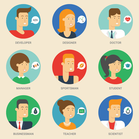 Set of avatars: designer, teacher, scientist, sportsman, businessman, student, developer, manager, doctor. Vector illustration, flat icons. Characters for webのイラスト素材