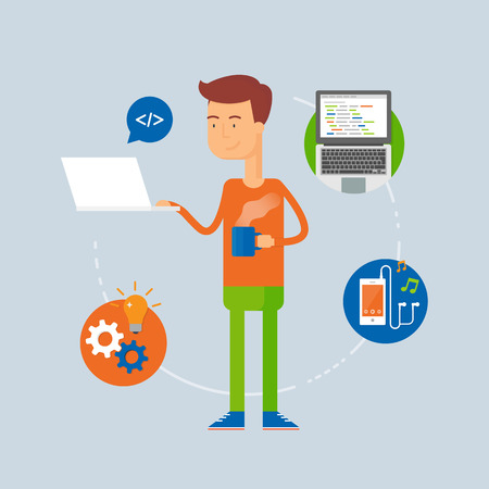Character - programmer, web development concept. Vector illustration, flat styleのイラスト素材