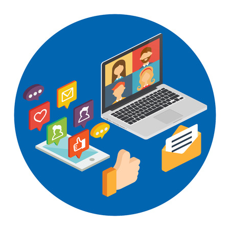 Social media concept for web and infographic. Isometric style, vector illustrationのイラスト素材