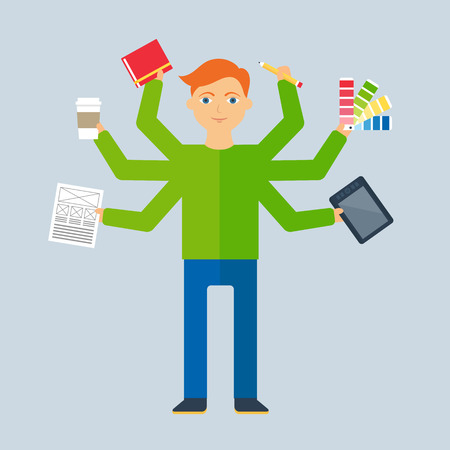 Multitasking character: designer. Flat style, vector illustrationのイラスト素材