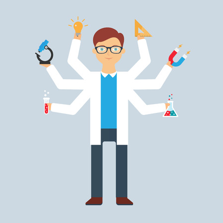 Multitasking character: scientist. Flat style, vector illustrationのイラスト素材
