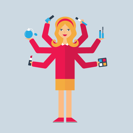 Multitasking character: cosmetologist. Flat style, vector illustrationのイラスト素材