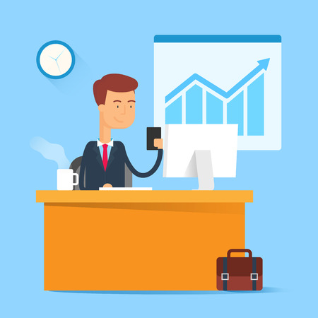Business concept - man sitting at the table and working on the computer in the office. Vector illustration, flat styleのイラスト素材