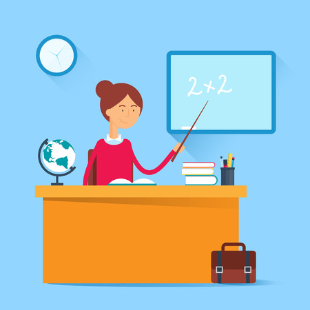 Education concept - teacher sitting at the table in the classroom. Vector illustration, flat styleのイラスト素材