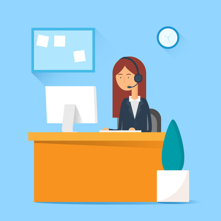 Call center operator sitting at the table in the office. Vector illustration, flat styleのイラスト素材