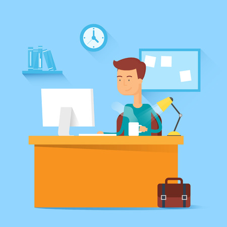Man sitting at the table and working on the computer in the office. Vector illustration, flat styleのイラスト素材