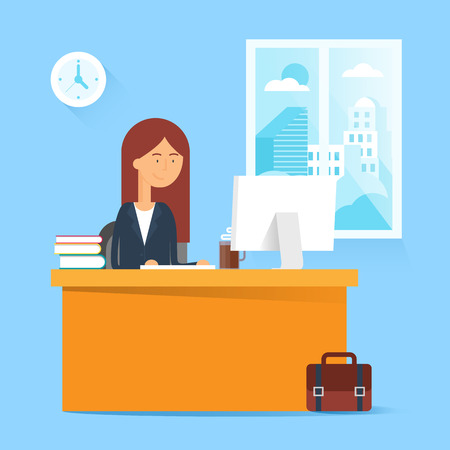 Business concept - woman sitting at the table and working on the computer in the office. Vector illustration, flat styleのイラスト素材