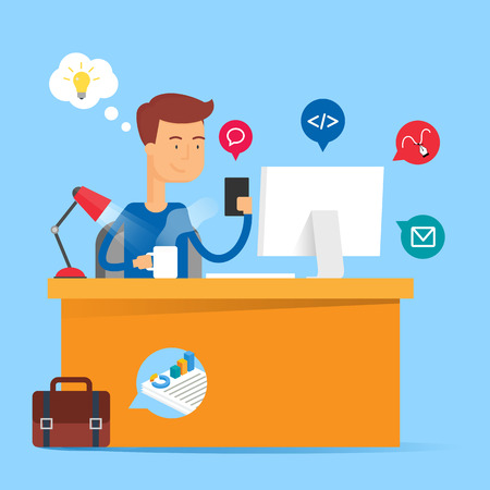 Technology concept - developer sitting at the table and working on the computer in the office. Vector illustration, flat styleのイラスト素材