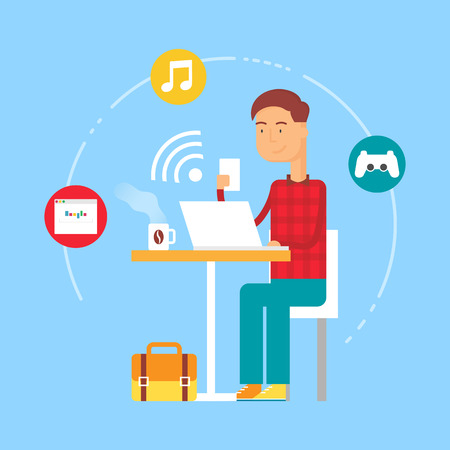 Free wifi zone concept - man sitting at the table and using devices. Vector illustration, flat styleのイラスト素材