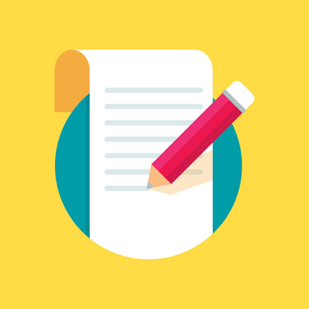 Sheet of paper with pencil, writing, copywriting, blogging. Flat style icon, vector illustrationのイラスト素材