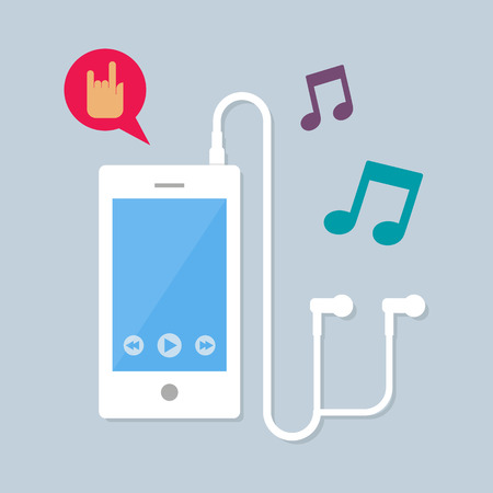 Illustration of mobile with earphones playing music, vector flat styleのイラスト素材