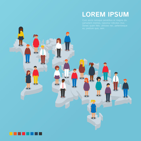 People standing on the isometric world mapのイラスト素材