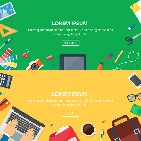 Banners for web: design, development, business. Vector illustration, hero images, workspaces, flat styleのイラスト素材