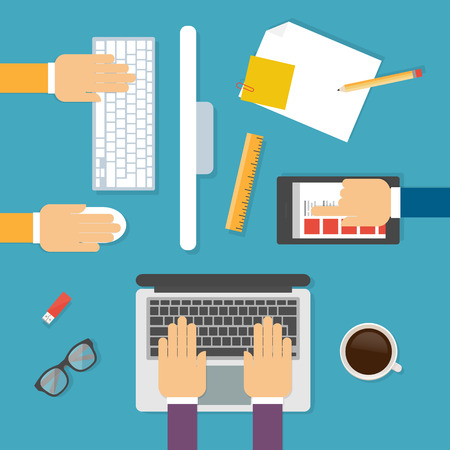 Creative process, workspace, teamwork. Vector illustration, flat styleのイラスト素材